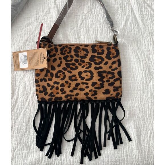 Justin Convertible Bag Wristlet Black Red Animal Print Leather Fringe Western NW - Picture 4 of 6